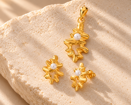 Pearl Flux Pendant & Earrings Set | Yellow